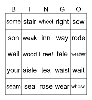 Homophones Bingo Card