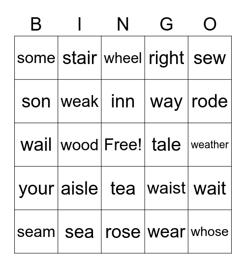 Homophones Bingo Card