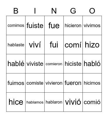Pretérito verbs Bingo Card