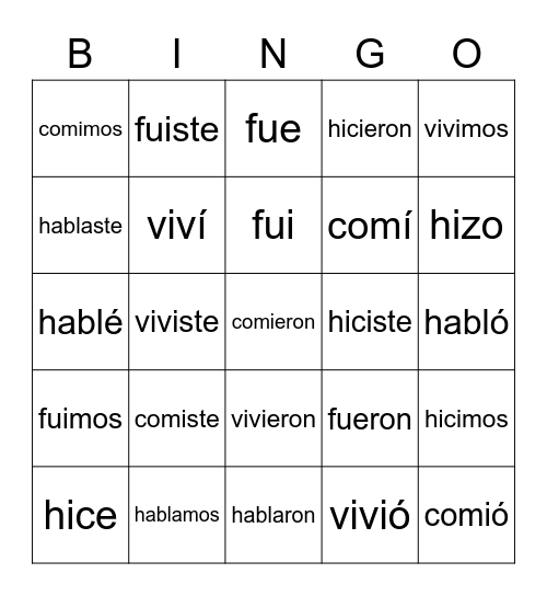 Pretérito verbs Bingo Card