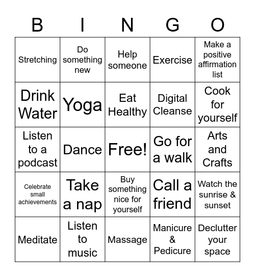 Self-Care Bingo Card