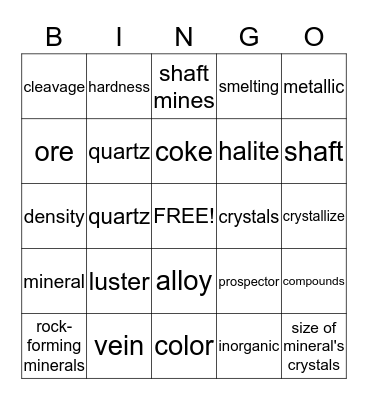 Minerals Bingo Card