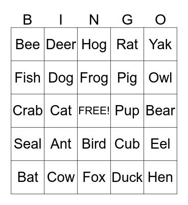 Animal Sight Words Bingo Card