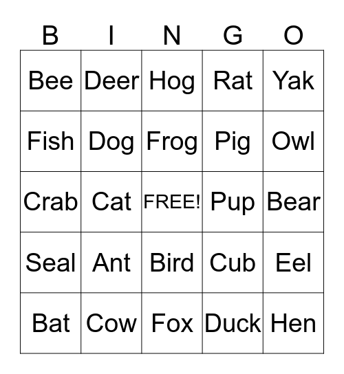 Animal Sight Words Bingo Card