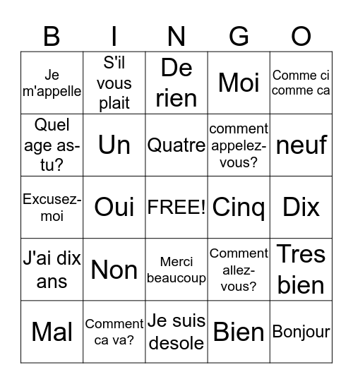 En Francais Bingo Card