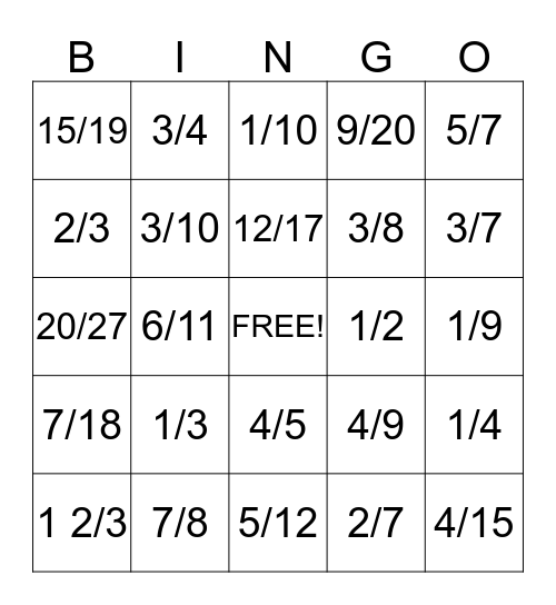 Fraction Bingo Card