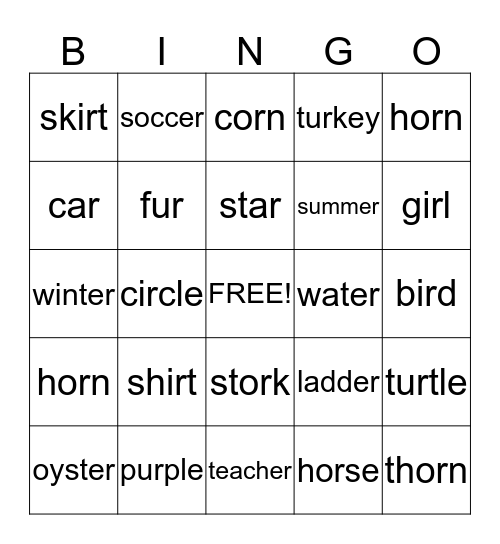 Vowels ir, or, ur, er,and ar Bingo Card