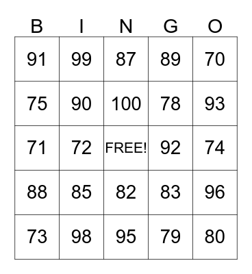 Les Numeros 71-100 Bingo Card