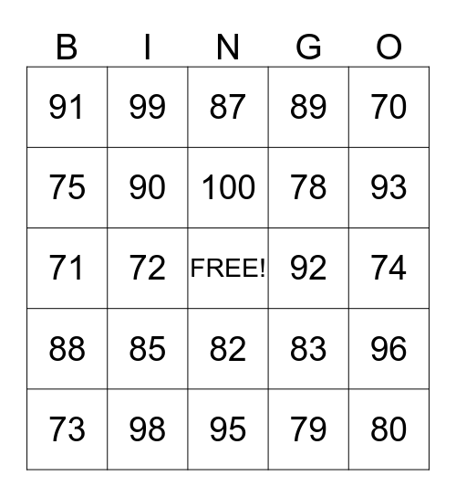 Les Numeros 71-100 Bingo Card
