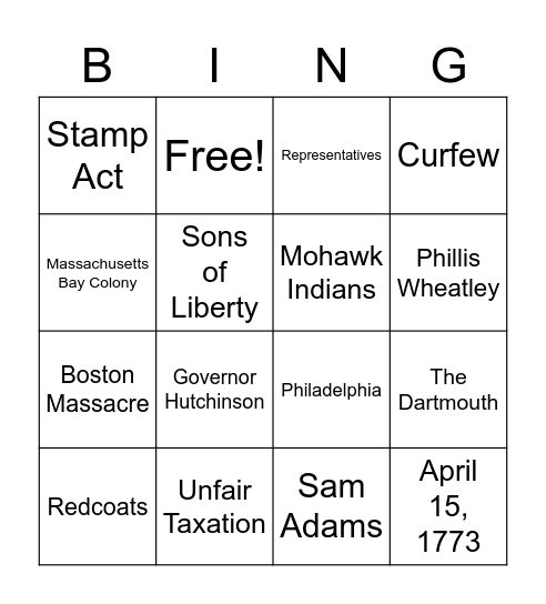 Liberty's Kids - Boston Tea Party Bingo Card