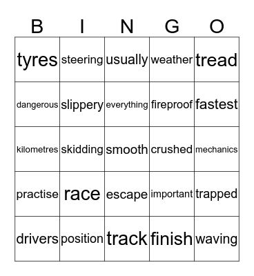 Race to Finish Bingo Card