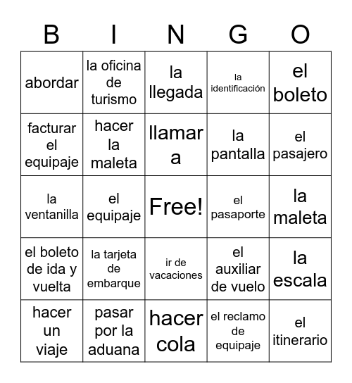 Vocabulario 1.1 Bingo Card