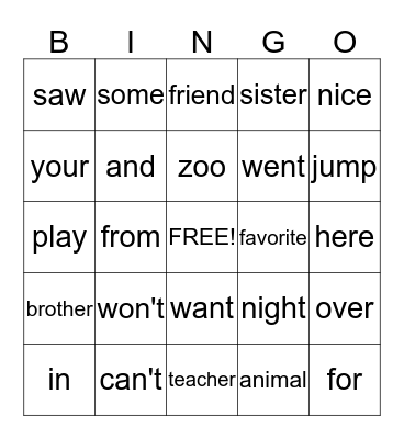 Word Wall Words Bingo Card
