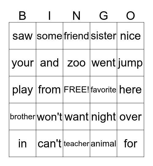 Word Wall Words Bingo Card