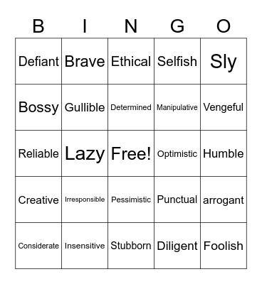 Character Traits Game 1 Bingo Card