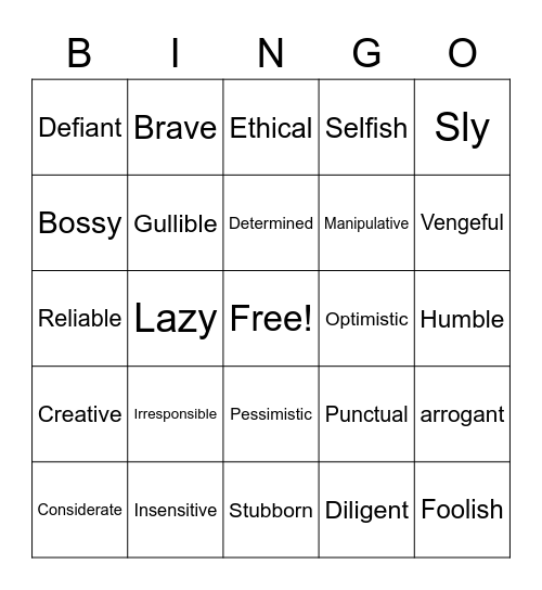 Character Traits Game 1 Bingo Card