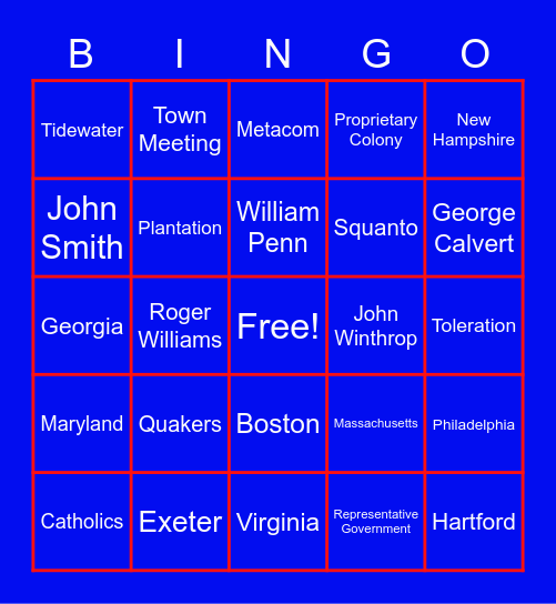 Thirteen Colonies Bingo Card