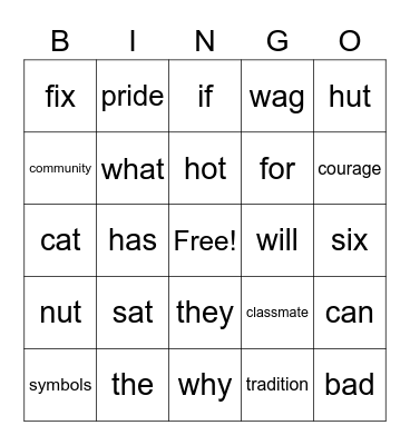 G3U1W3 Vocabulary Bingo Card