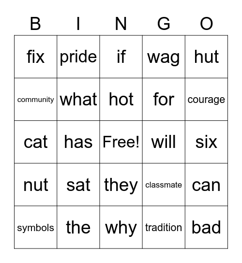 G3U1W3 Vocabulary Bingo Card