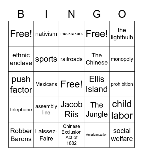 Unit 2 Bingo- Industrialization, Immigration, Urbanization Bingo Card