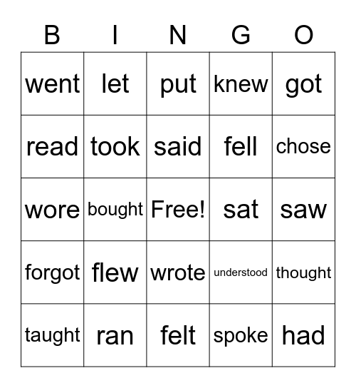 Simple past verbs Bingo Card