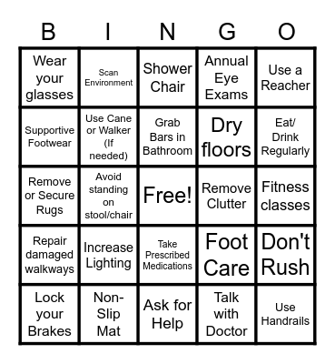 Fall Prevention BINGO Card