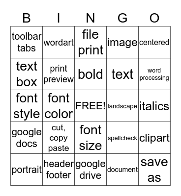 2nd - 3rd grade Wordprocessing Bingo Card