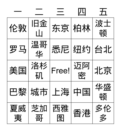 城市 Bingo Card