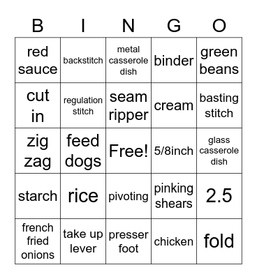 Casseroles and Sewing Bingo Card