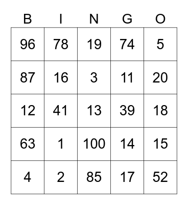 I Numeri in Italiano Bingo Card