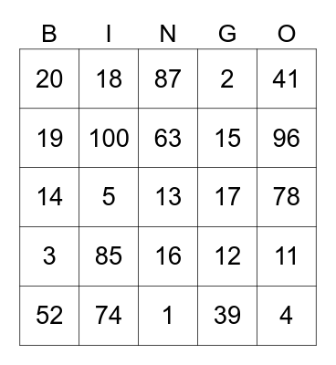 I Numeri in Italiano Bingo Card