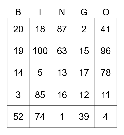 I Numeri in Italiano Bingo Card