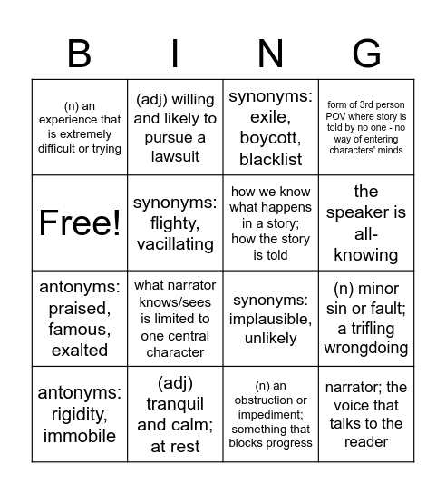 Vocab 6 Bingo Card