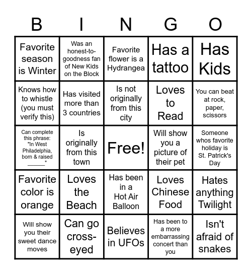 Getting to know you BINGO!  (Only 1 name per square) Bingo Card
