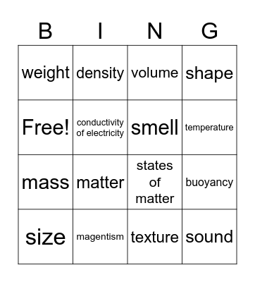 Physical Properties of Matter Bingo Card