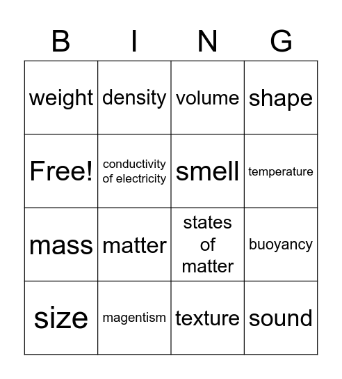 Physical Properties of Matter Bingo Card