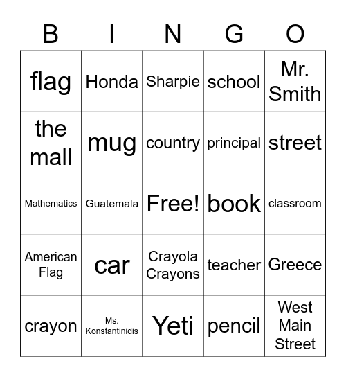 Common and Proper Nouns 1 Bingo Card
