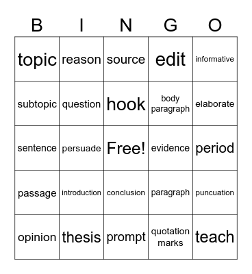 Writing Vocabulary Bingo Card