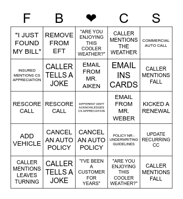 Customer Service Bingo Card