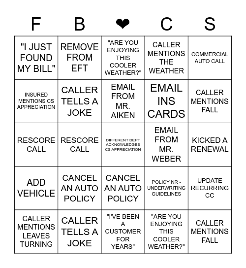 Customer Service Bingo Card