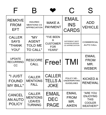 CUSTOMER SERVICE BINGO Card