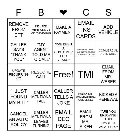 CUSTOMER SERVICE BINGO Card