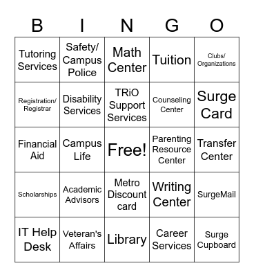 Campus Resources Bingo Card
