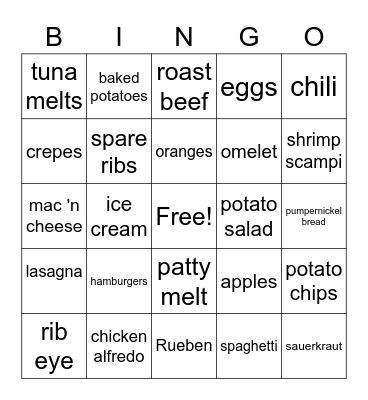 Food Groups Bingo Card