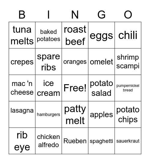 Food Groups Bingo Card