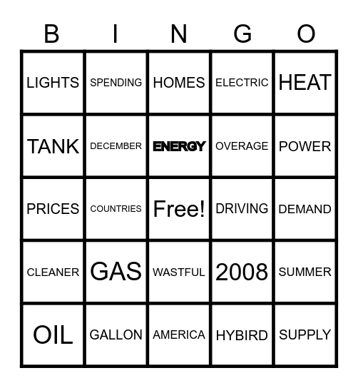 Energy Crisis Lesson #3 Bingo Card