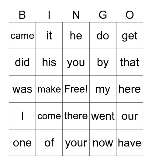 READING FLASHCARD BINGO Card