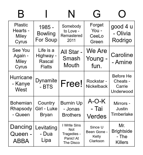 Musical Bingo Card