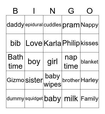 Karla's baby shower Bingo Card
