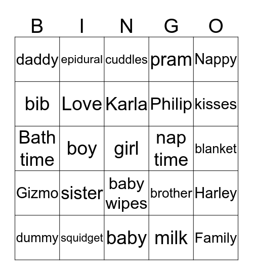 Karla's baby shower Bingo Card